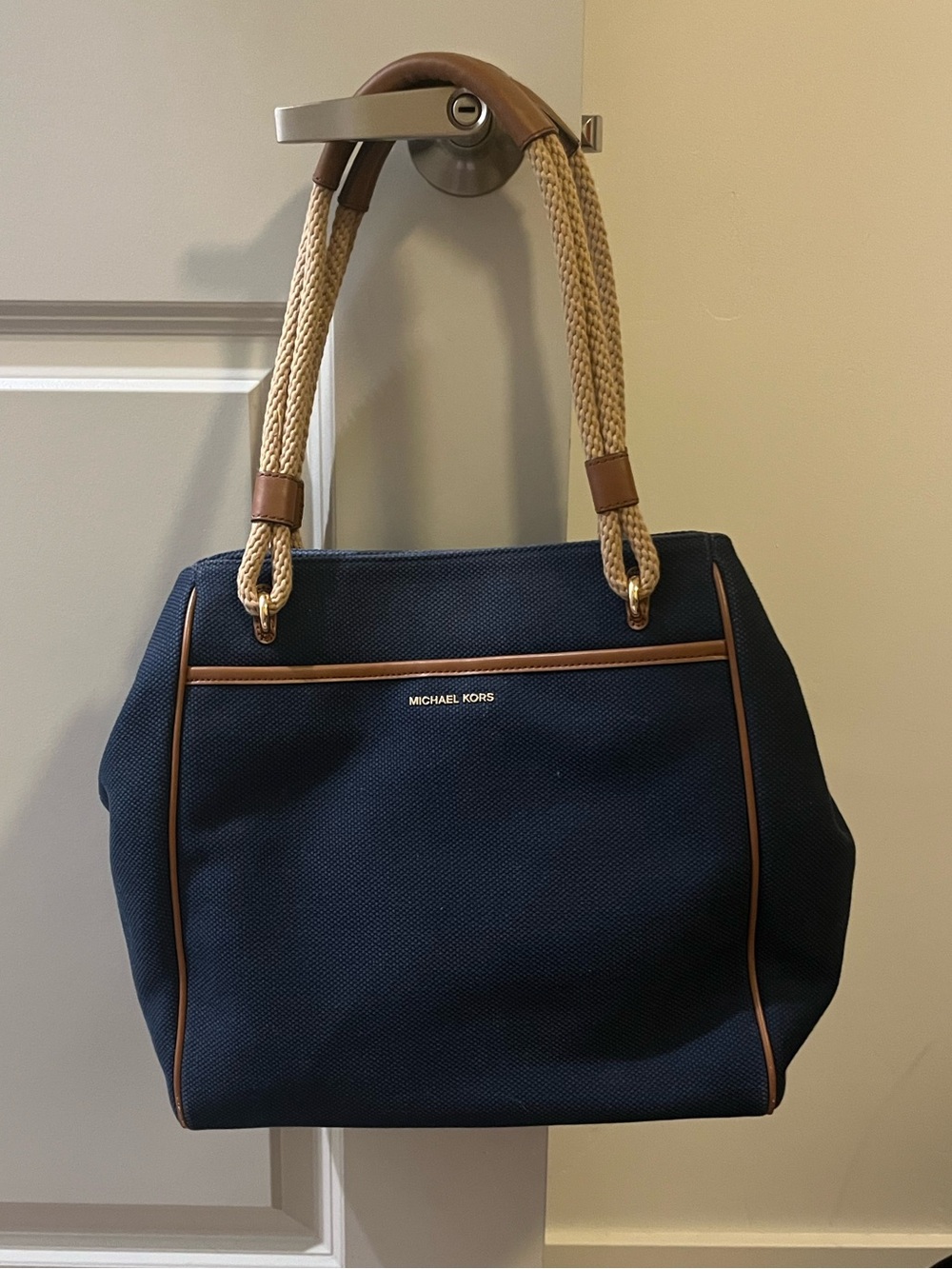 Michael Kors Navy Tote with Rope Handles and Tan Trim
